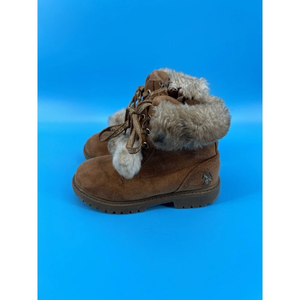U.S. Polo Assn Girls Winter Boots Brown Faux Fur Lace Up Size 10C Toddler